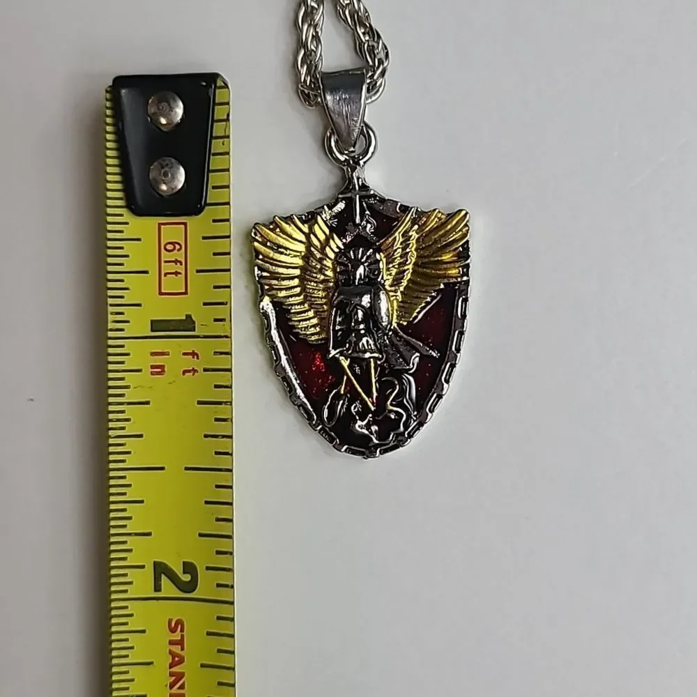 Saint Michael Shield Necklace Archangel Pendant Protection Stainless Steel 24